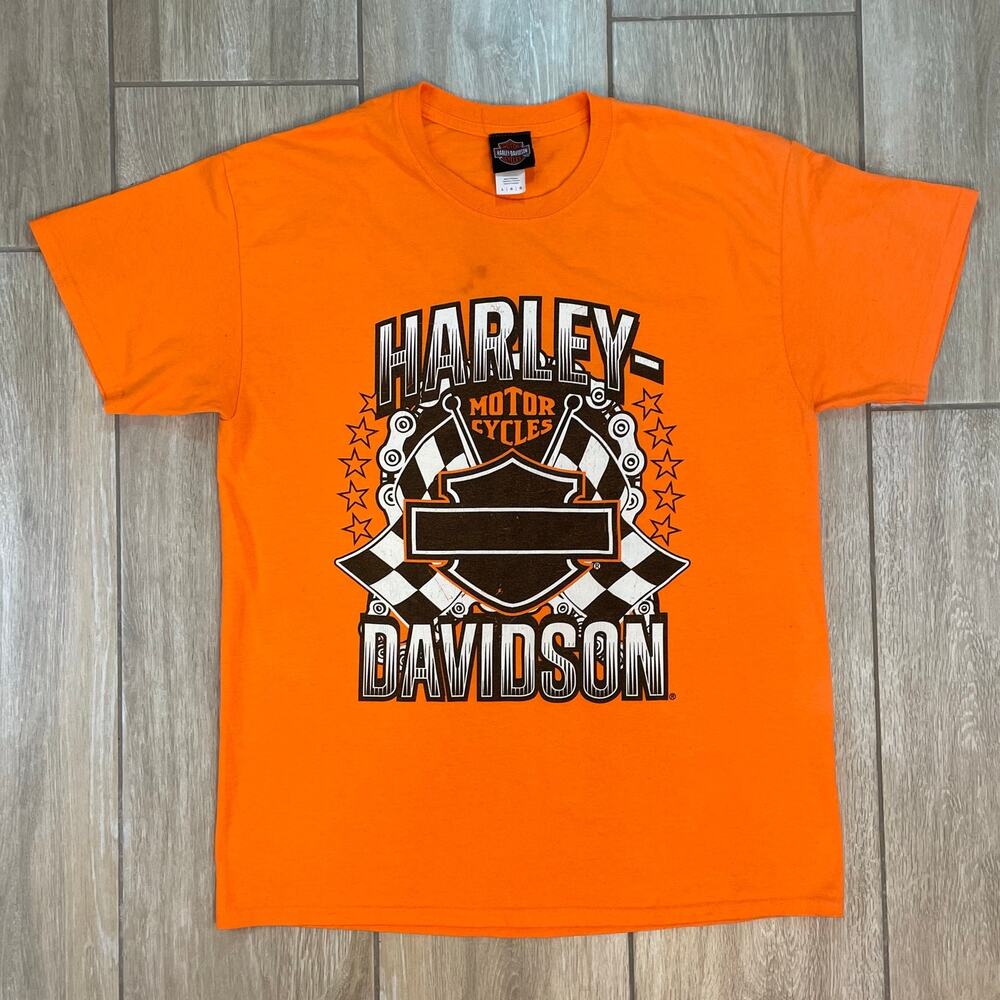 Harley Davidson T Shirt Mens Large Orange Biker Motorcycle Graphic Tee